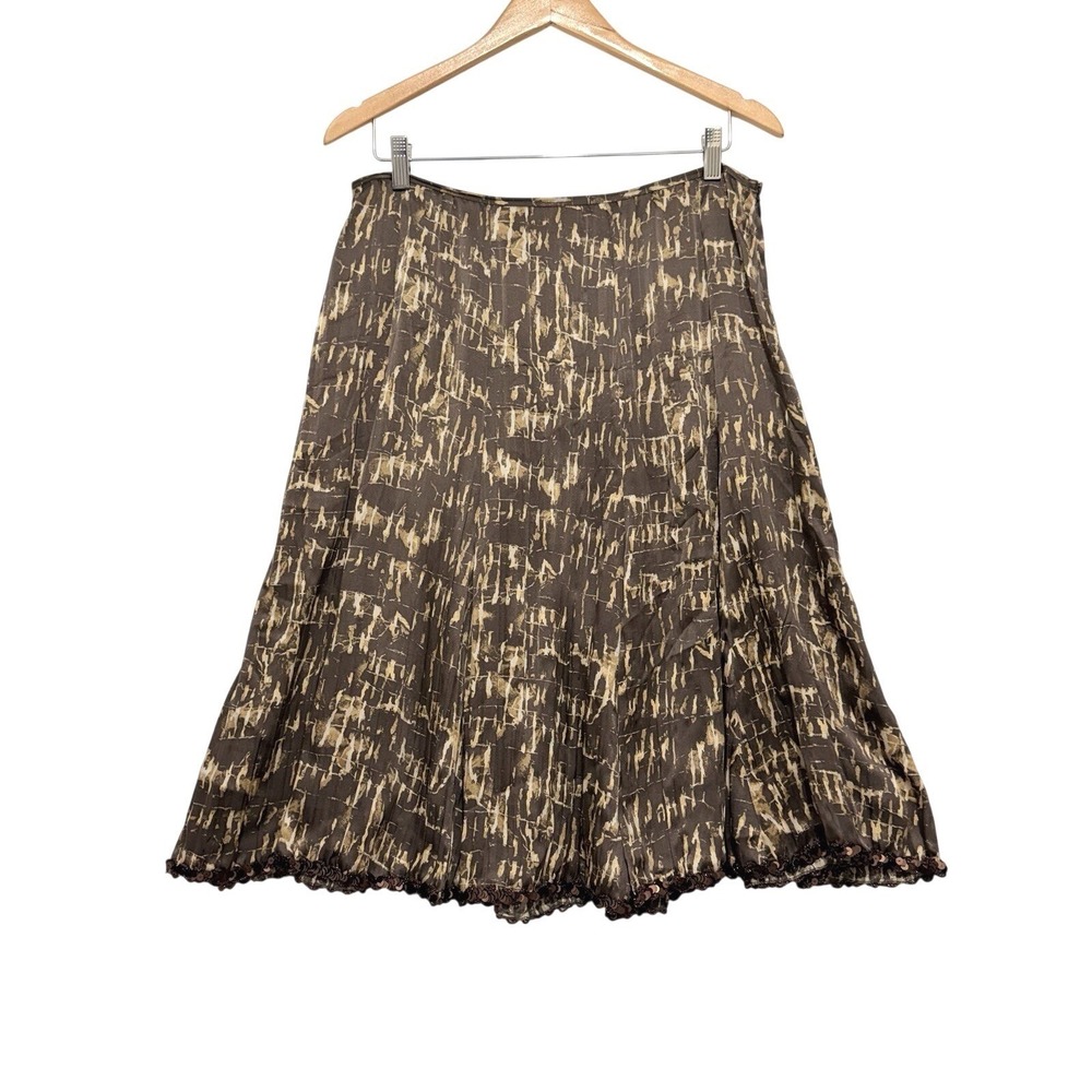 LAFAYETTE 148 Silk A-Line Knee Length Skirt Women's Sz 12 Brown Abstract Crinkle